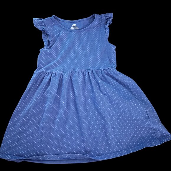H&M Toddler Girls Dress 2-4 Years Blue with Tiny White Polka Dots Organic Cotton - Picture 1 of 1